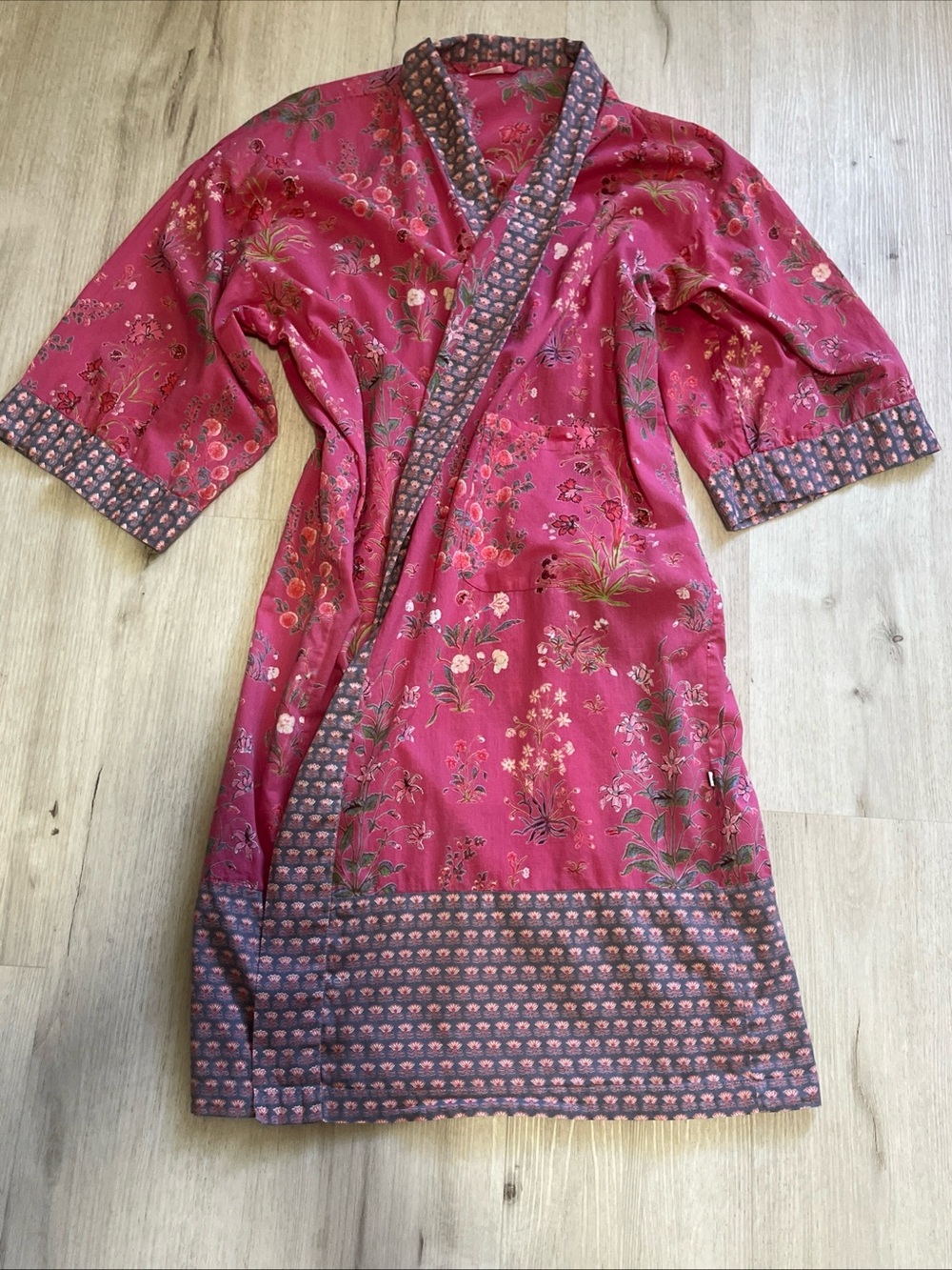 Floral Cotton Boho  Wrap Robe in Fuchsia with Contrast Trim